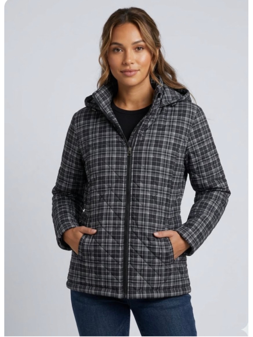 Northern Reflections Plaid Quilted Hooded Jacket Black Grey Woman’s Size XL